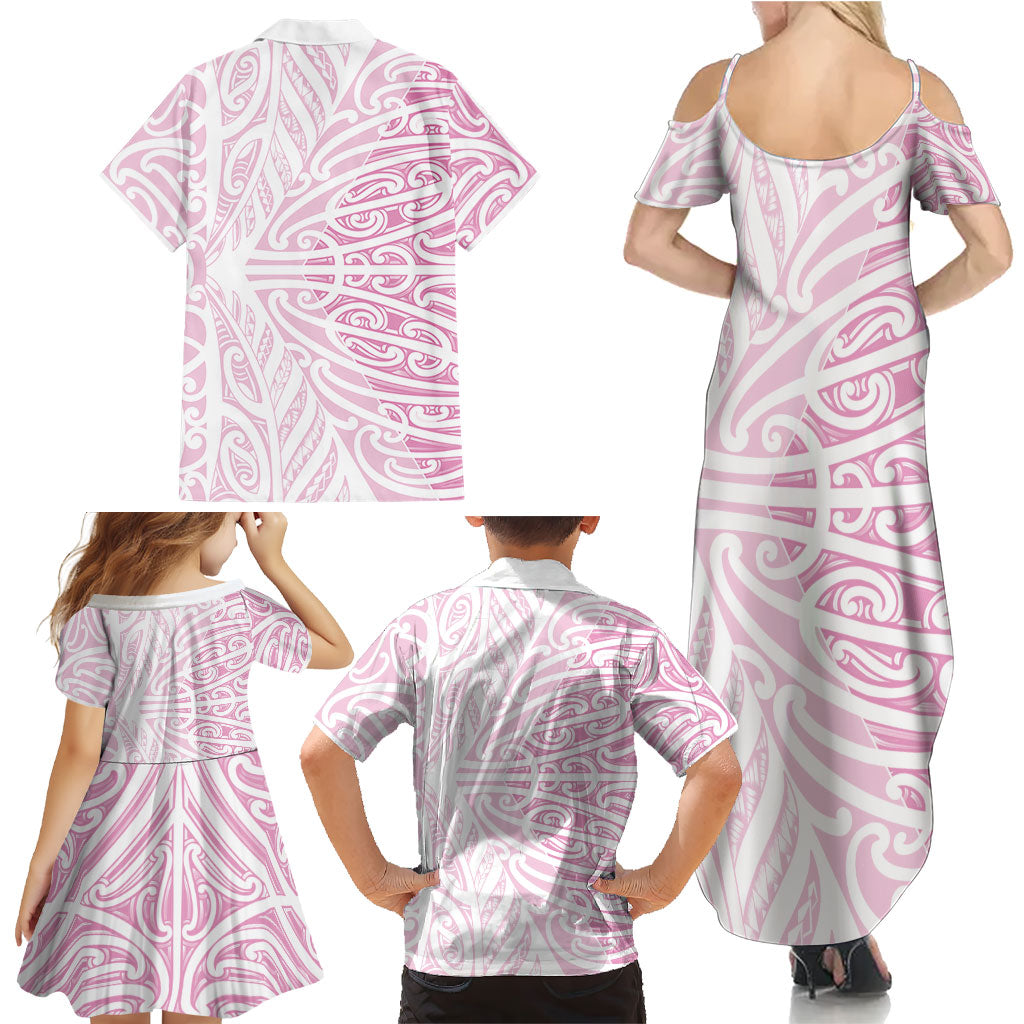 Pink New Zealand Puhoro Maori Tattoo Family Matching Summer Maxi Dress and Hawaiian Shirt LT14 - Polynesian Pride