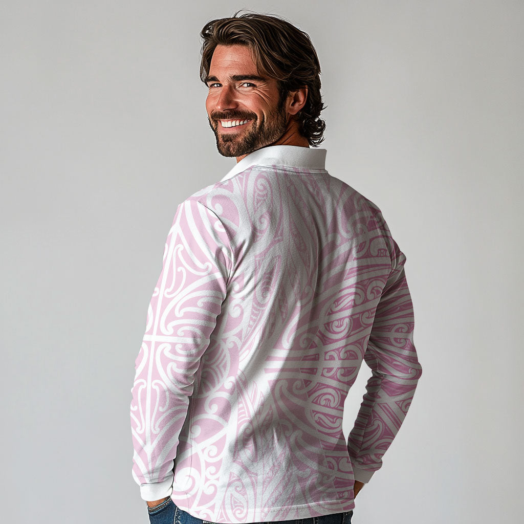 Pink New Zealand Puhoro Maori Tattoo Long Sleeve Polo Shirt LT14 - Polynesian Pride