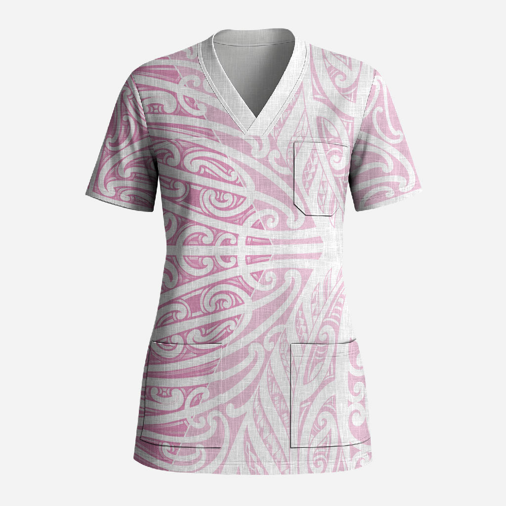 Pink New Zealand Puhoro Maori Tattoo Scrub Top LT14 Adult Pink - Polynesian Pride