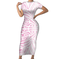Pink New Zealand Puhoro Maori Tattoo Short Sleeve Bodycon Dress LT14 Long Dress Pink - Polynesian Pride