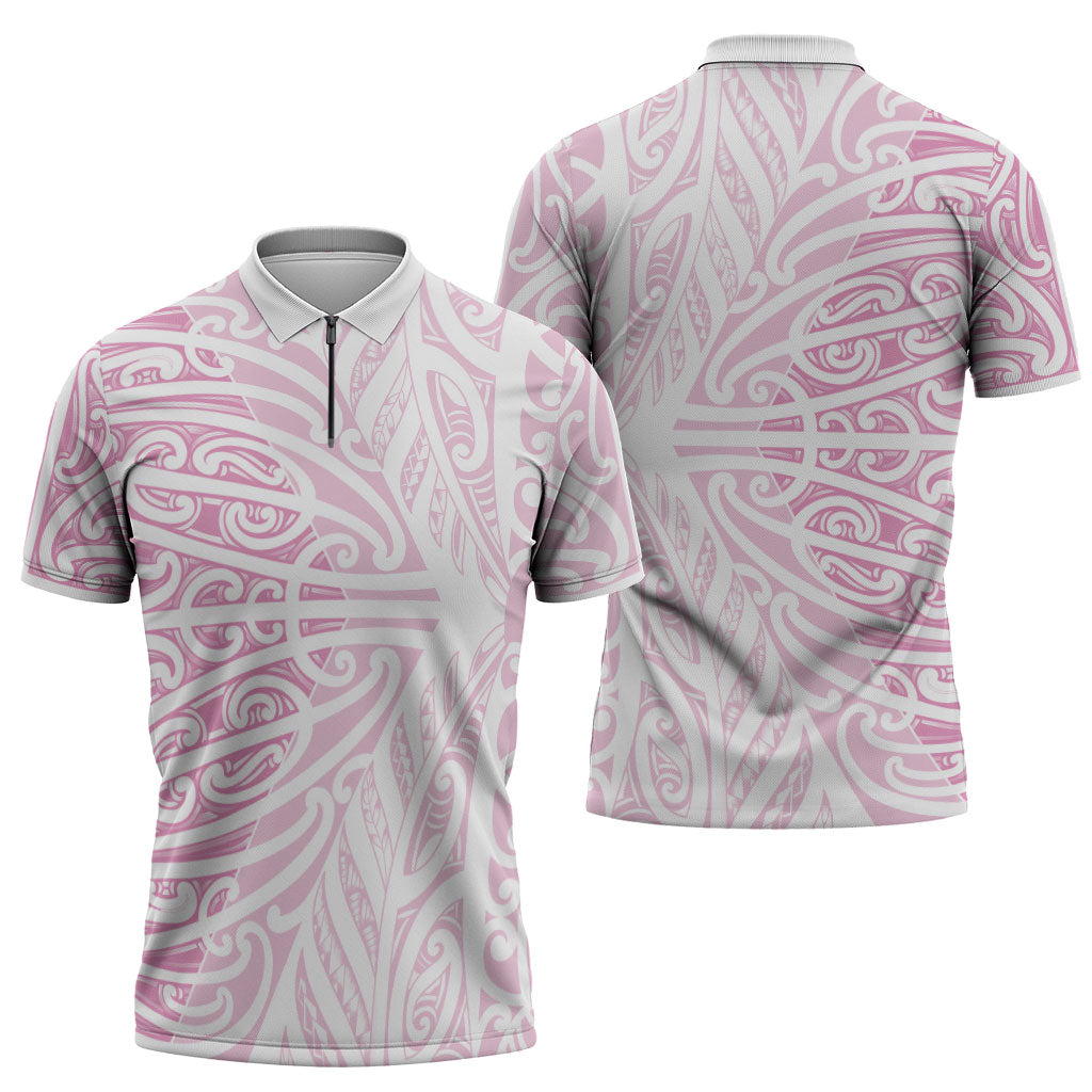 Pink New Zealand Puhoro Maori Tattoo Zipper Polo Shirt LT14 - Polynesian Pride