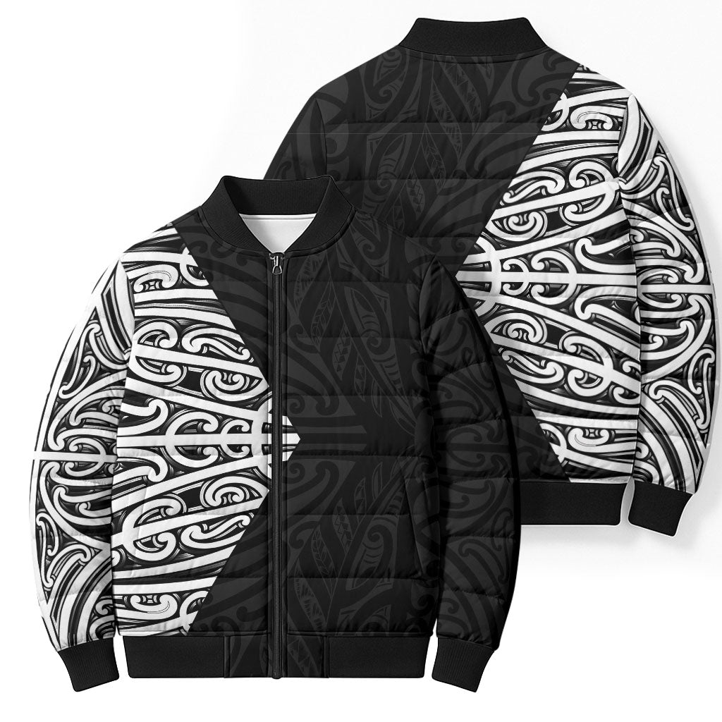 Black New Zealand Puhoro Maori Tattoo Bomber Puffer Jacket LT14 - Polynesian Pride