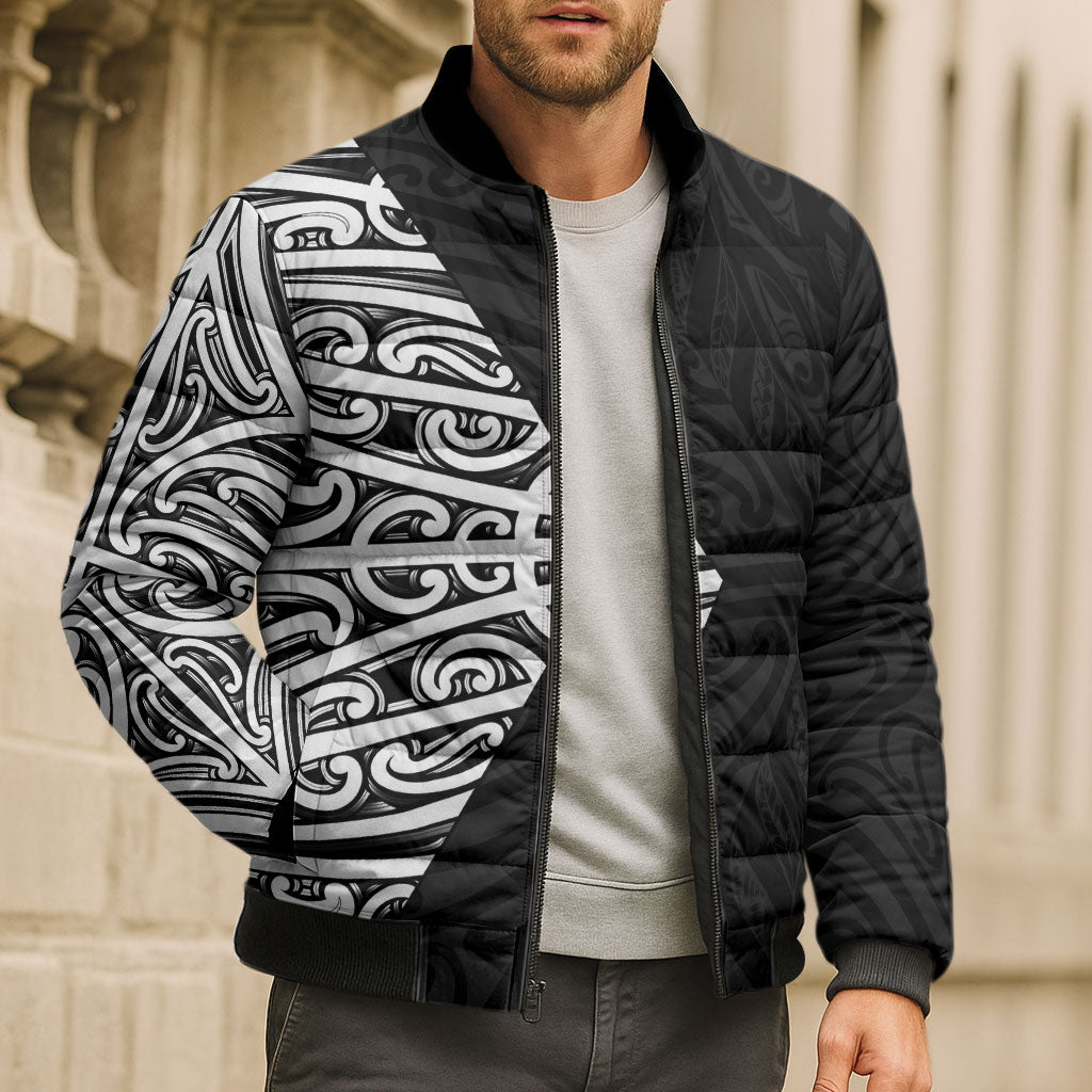 Black New Zealand Puhoro Maori Tattoo Bomber Puffer Jacket LT14 - Polynesian Pride