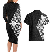 Black New Zealand Puhoro Maori Tattoo Couples Matching Long Sleeve Bodycon Dress and Hawaiian Shirt LT14 - Polynesian Pride