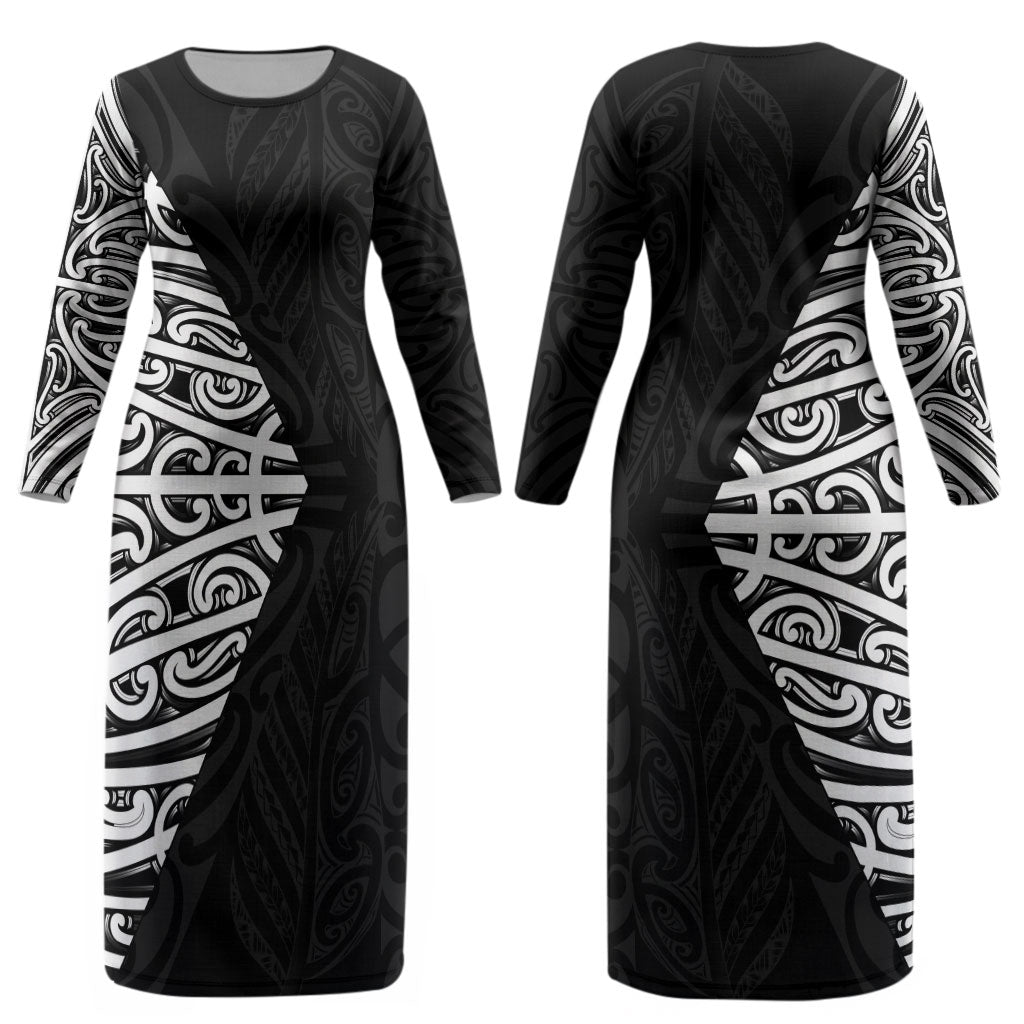 Black New Zealand Puhoro Maori Tattoo Couples Matching Long Sleeve Bodycon Dress and Hawaiian Shirt LT14 - Polynesian Pride