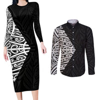 Black New Zealand Puhoro Maori Tattoo Couples Matching Long Sleeve Bodycon Dress and Long Sleeve Button Shirt LT14 Black - Polynesian Pride