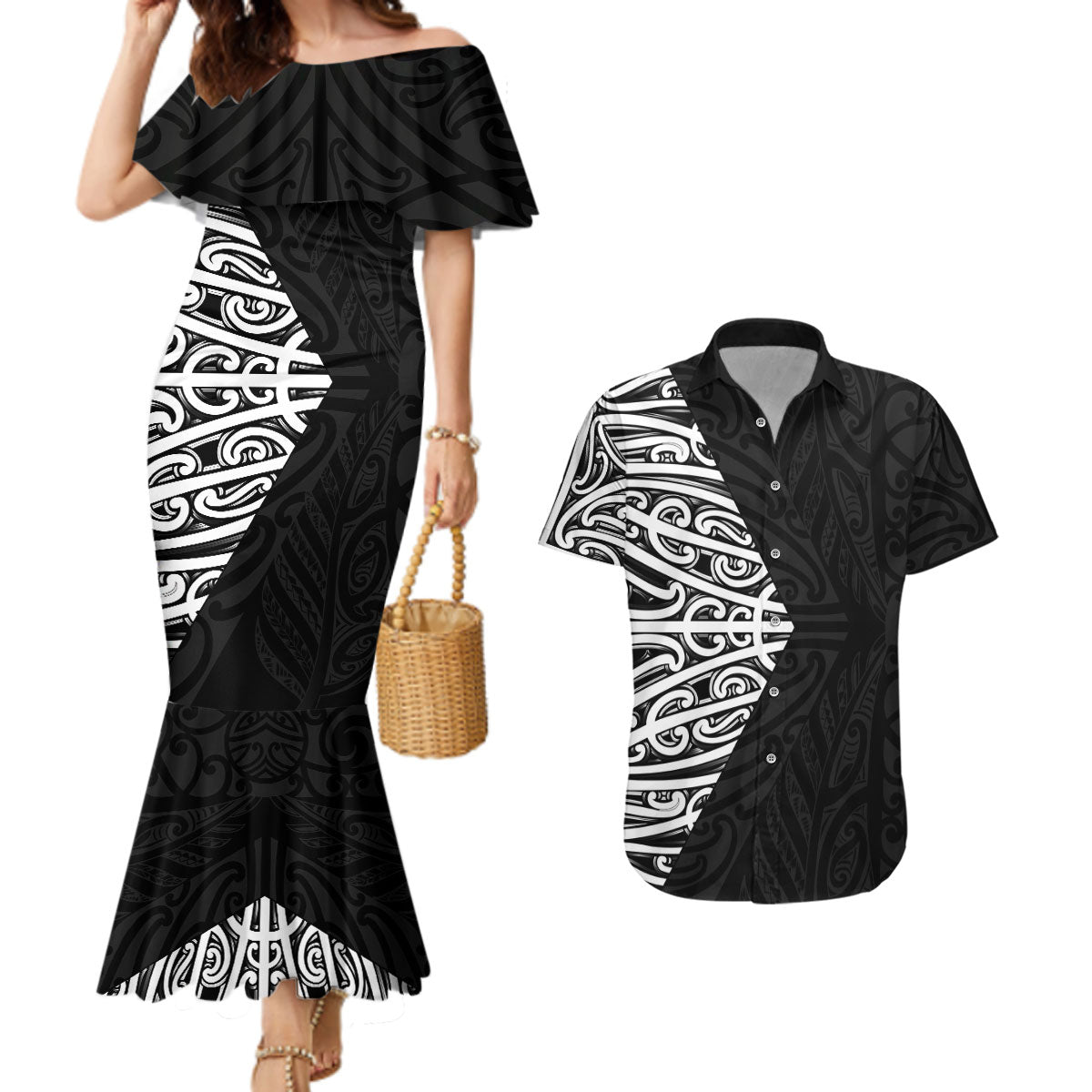 Black New Zealand Puhoro Maori Tattoo Couples Matching Mermaid Dress and Hawaiian Shirt LT14 Black - Polynesian Pride