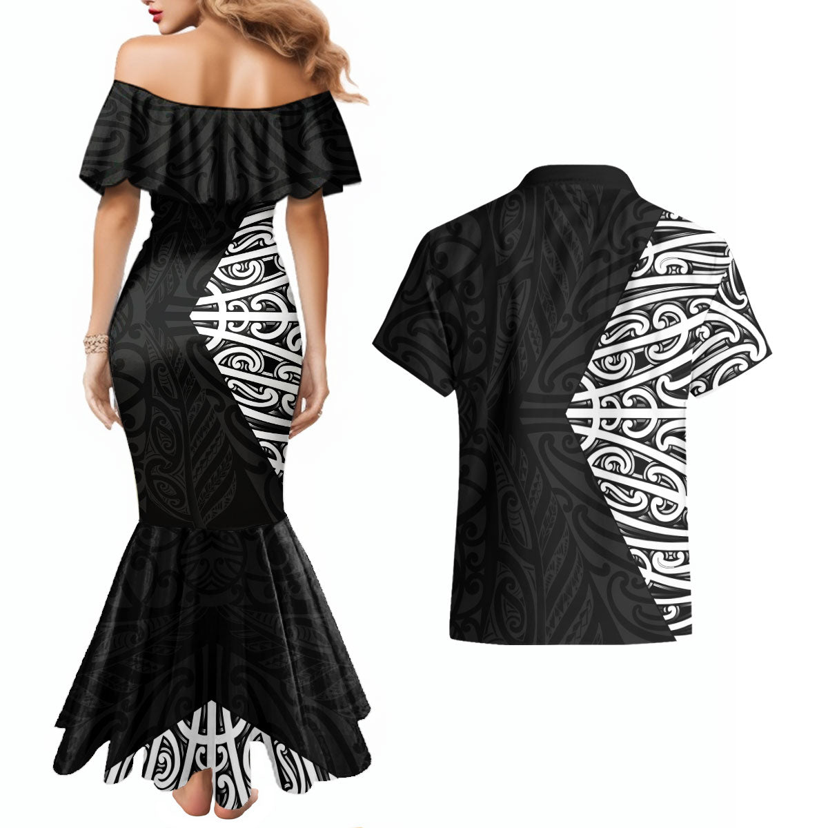 Black New Zealand Puhoro Maori Tattoo Couples Matching Mermaid Dress and Hawaiian Shirt LT14 - Polynesian Pride