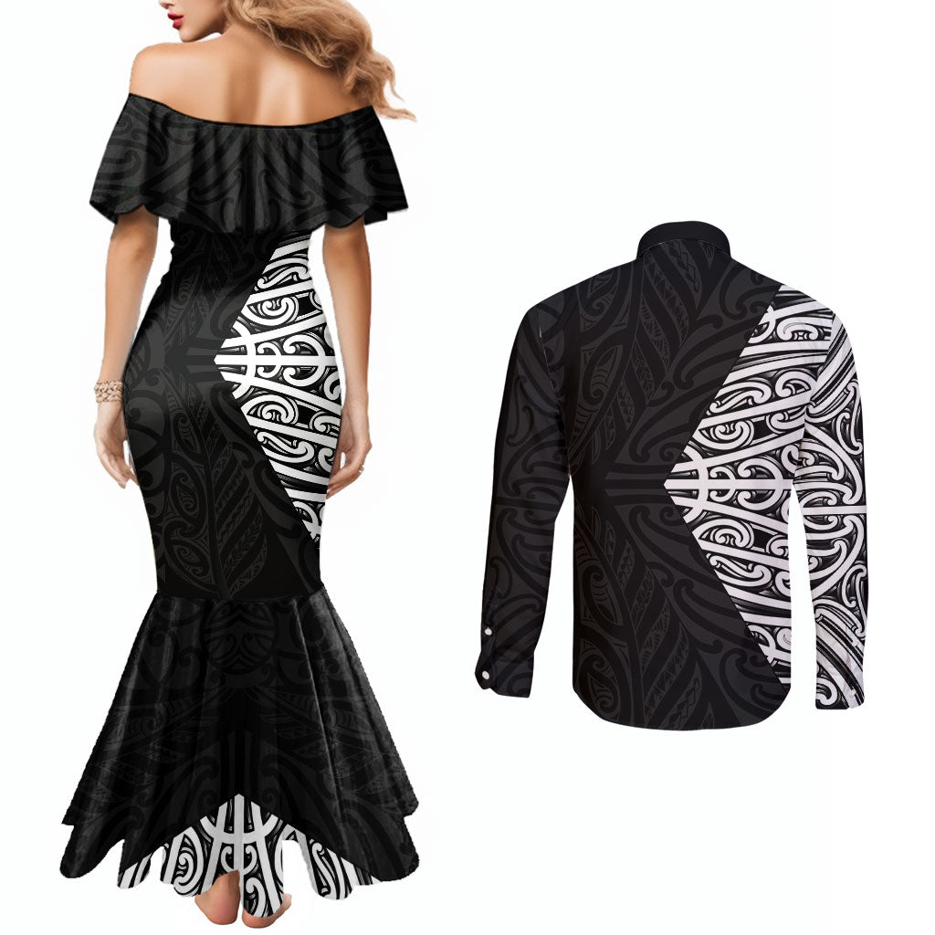 Black New Zealand Puhoro Maori Tattoo Couples Matching Mermaid Dress and Long Sleeve Button Shirt LT14 - Polynesian Pride
