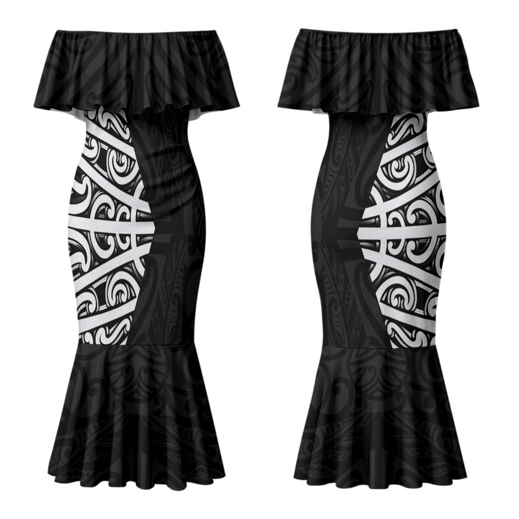 Black New Zealand Puhoro Maori Tattoo Couples Matching Mermaid Dress and Long Sleeve Button Shirt LT14 - Polynesian Pride