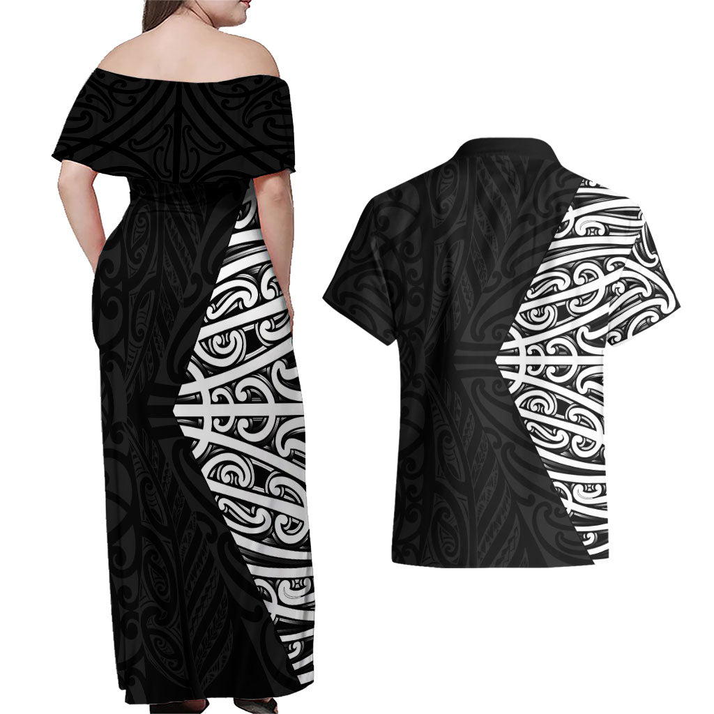 Black New Zealand Puhoro Maori Tattoo Couples Matching Off Shoulder Maxi Dress and Hawaiian Shirt LT14 - Polynesian Pride