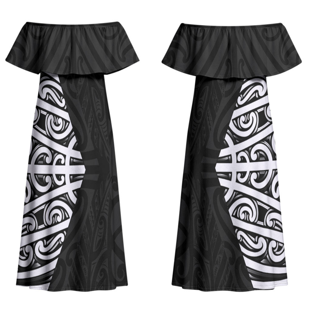Black New Zealand Puhoro Maori Tattoo Couples Matching Off Shoulder Maxi Dress and Hawaiian Shirt LT14 - Polynesian Pride