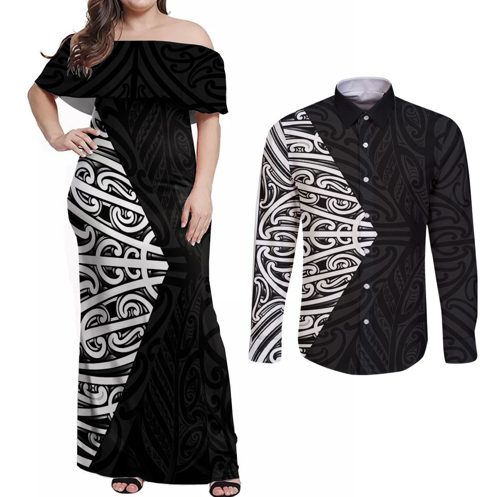 Black New Zealand Puhoro Maori Tattoo Couples Matching Off Shoulder Maxi Dress and Long Sleeve Button Shirt LT14 Black - Polynesian Pride