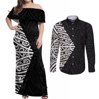 Black New Zealand Puhoro Maori Tattoo Couples Matching Off Shoulder Maxi Dress and Long Sleeve Button Shirt LT14 Black - Polynesian Pride