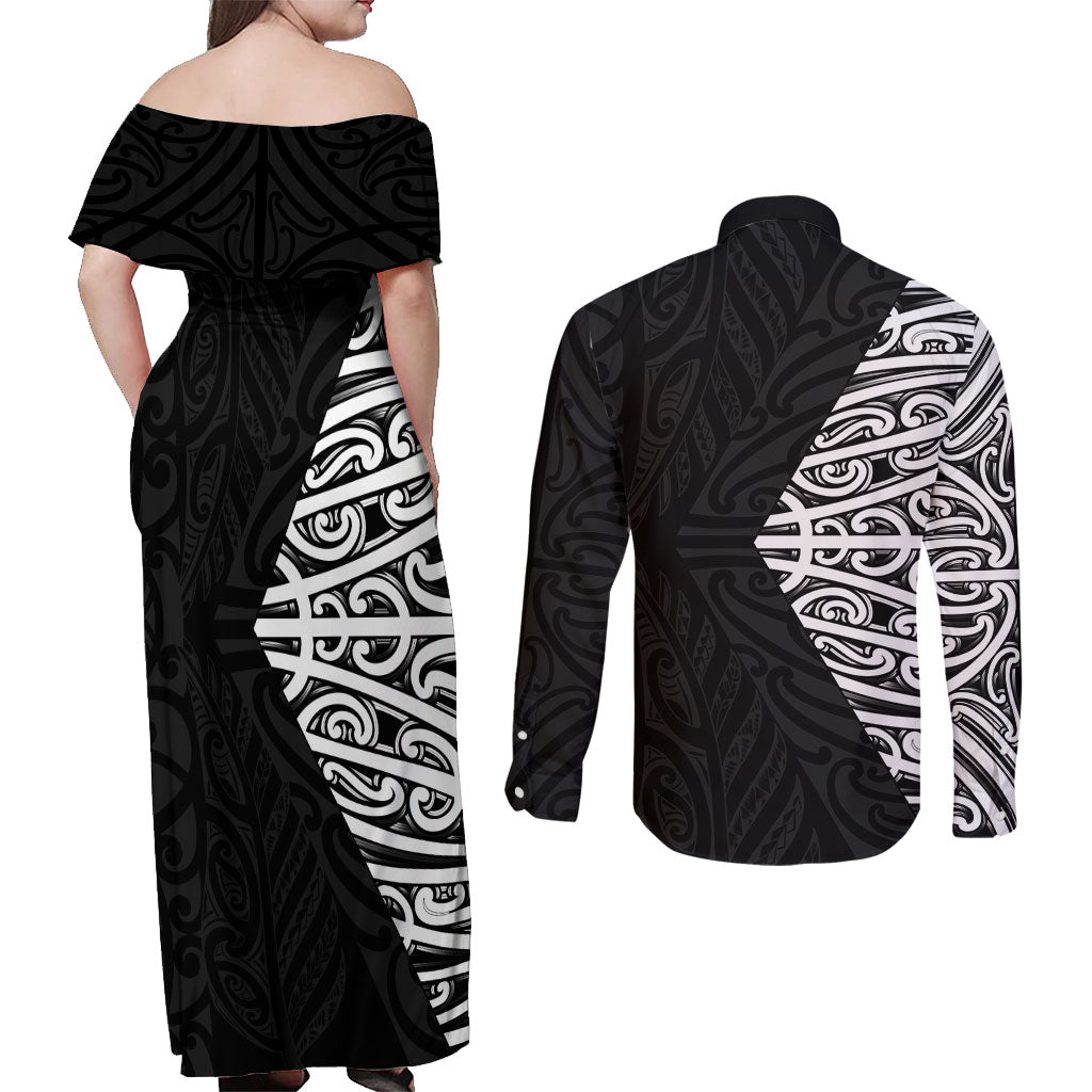 Black New Zealand Puhoro Maori Tattoo Couples Matching Off Shoulder Maxi Dress and Long Sleeve Button Shirt LT14 - Polynesian Pride