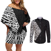 Black New Zealand Puhoro Maori Tattoo Couples Matching Off Shoulder Short Dress and Long Sleeve Button Shirt LT14 Black - Polynesian Pride
