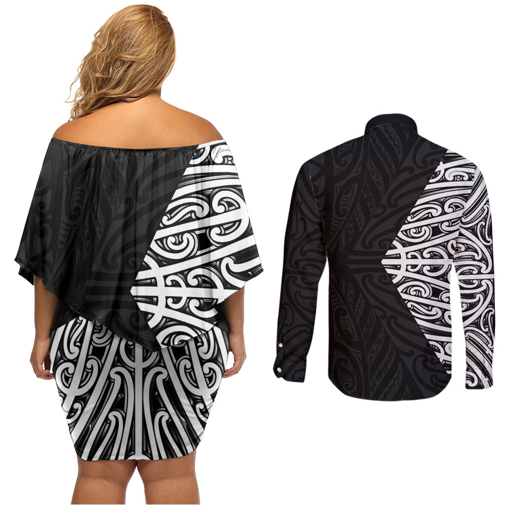 Black New Zealand Puhoro Maori Tattoo Couples Matching Off Shoulder Short Dress and Long Sleeve Button Shirt LT14 - Polynesian Pride