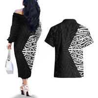 Black New Zealand Puhoro Maori Tattoo Couples Matching Off The Shoulder Long Sleeve Dress and Hawaiian Shirt LT14 - Polynesian Pride