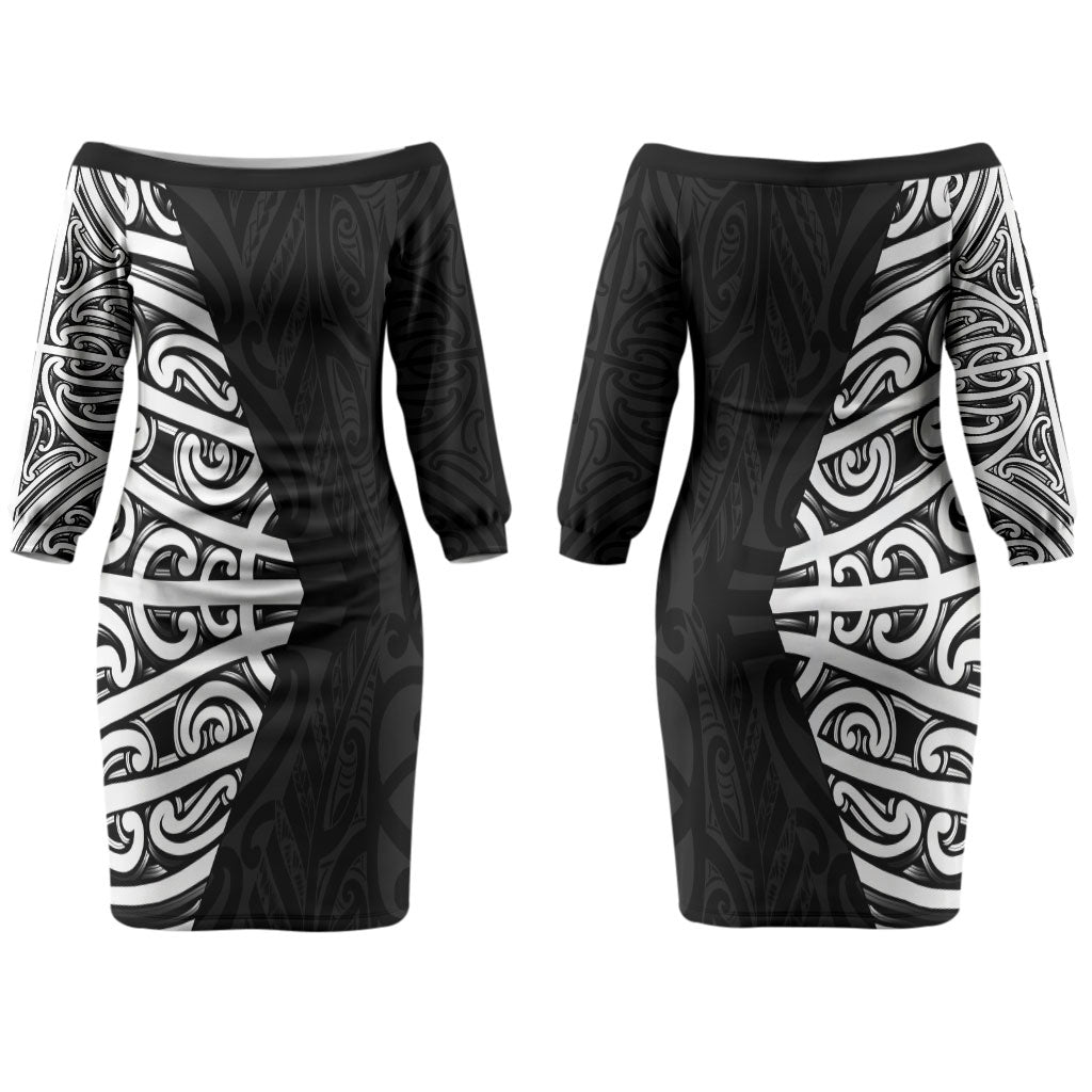 Black New Zealand Puhoro Maori Tattoo Couples Matching Off The Shoulder Long Sleeve Dress and Hawaiian Shirt LT14 - Polynesian Pride