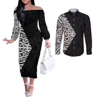 Black New Zealand Puhoro Maori Tattoo Couples Matching Off The Shoulder Long Sleeve Dress and Long Sleeve Button Shirt LT14 Black - Polynesian Pride