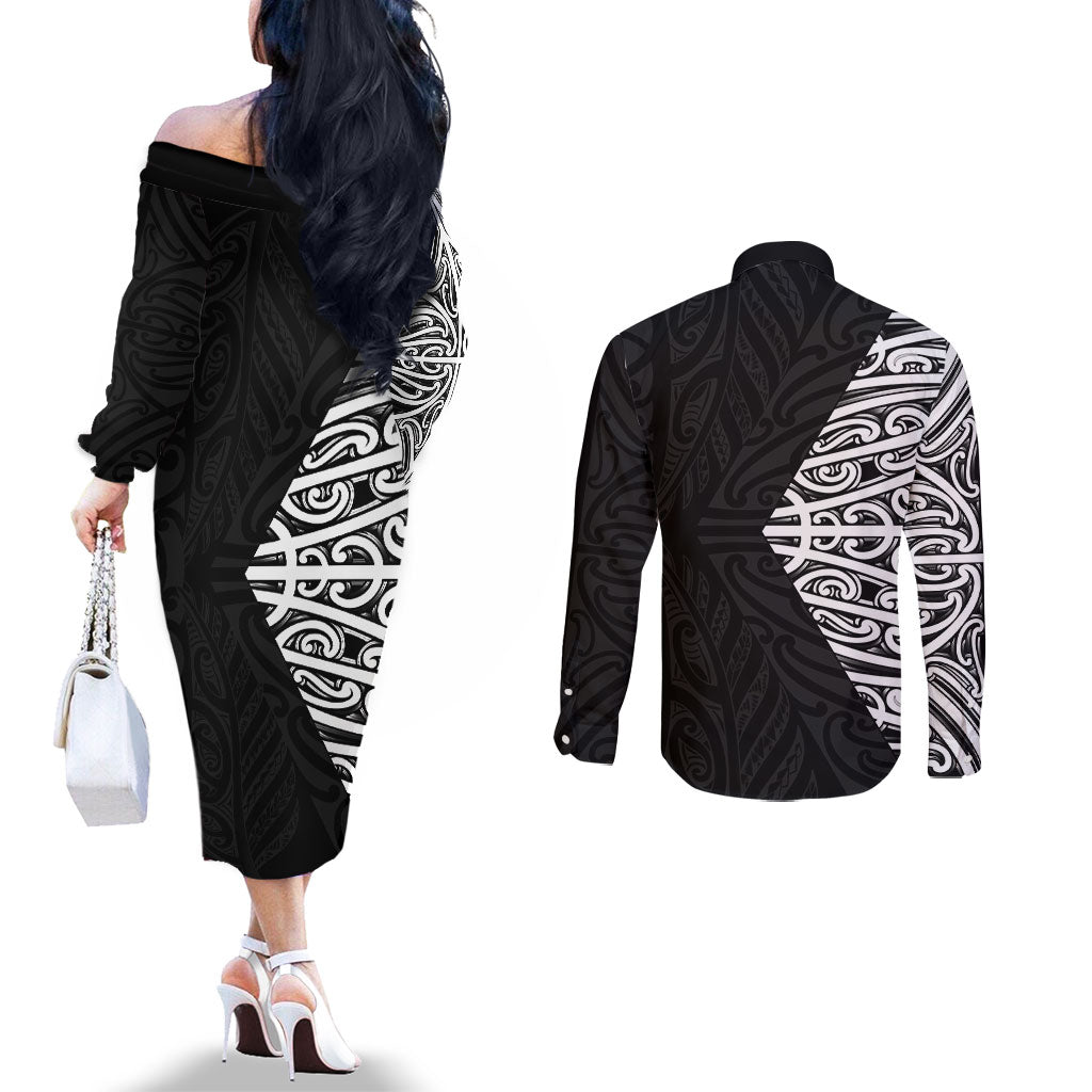 Black New Zealand Puhoro Maori Tattoo Couples Matching Off The Shoulder Long Sleeve Dress and Long Sleeve Button Shirt LT14 - Polynesian Pride