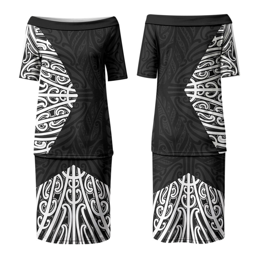 Black New Zealand Puhoro Maori Tattoo Couples Matching Puletasi and Hawaiian Shirt LT14 - Polynesian Pride