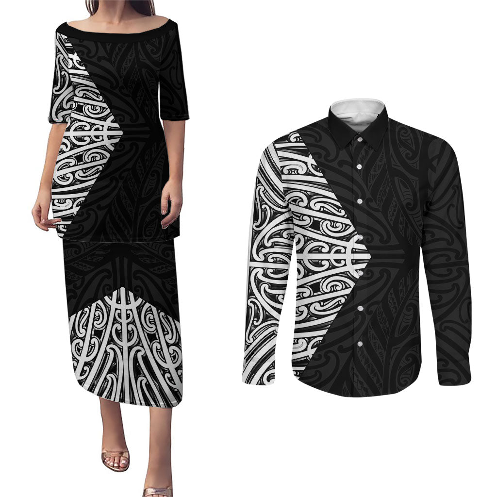 Black New Zealand Puhoro Maori Tattoo Couples Matching Puletasi and Long Sleeve Button Shirt LT14 Black - Polynesian Pride