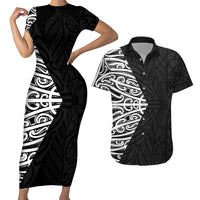 Black New Zealand Puhoro Maori Tattoo Couples Matching Short Sleeve Bodycon Dress and Hawaiian Shirt LT14 Black - Polynesian Pride