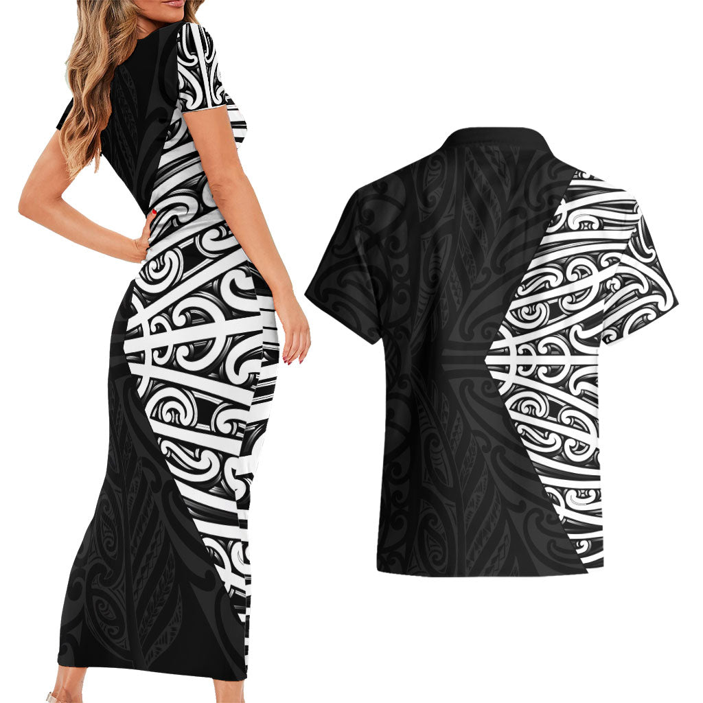Black New Zealand Puhoro Maori Tattoo Couples Matching Short Sleeve Bodycon Dress and Hawaiian Shirt LT14 - Polynesian Pride
