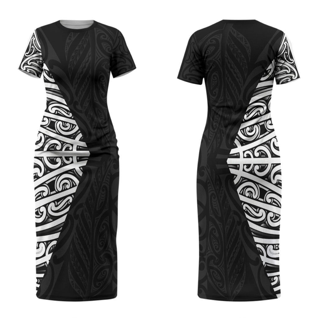 Black New Zealand Puhoro Maori Tattoo Couples Matching Short Sleeve Bodycon Dress and Hawaiian Shirt LT14 - Polynesian Pride