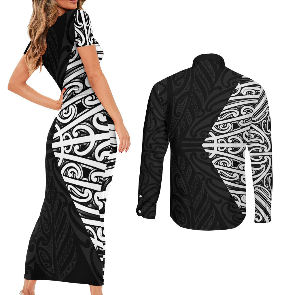 Black New Zealand Puhoro Maori Tattoo Couples Matching Short Sleeve Bodycon Dress and Long Sleeve Button Shirt LT14 - Polynesian Pride