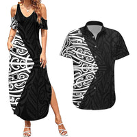 Black New Zealand Puhoro Maori Tattoo Couples Matching Summer Maxi Dress and Hawaiian Shirt LT14 Black - Polynesian Pride