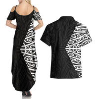 Black New Zealand Puhoro Maori Tattoo Couples Matching Summer Maxi Dress and Hawaiian Shirt LT14 - Polynesian Pride