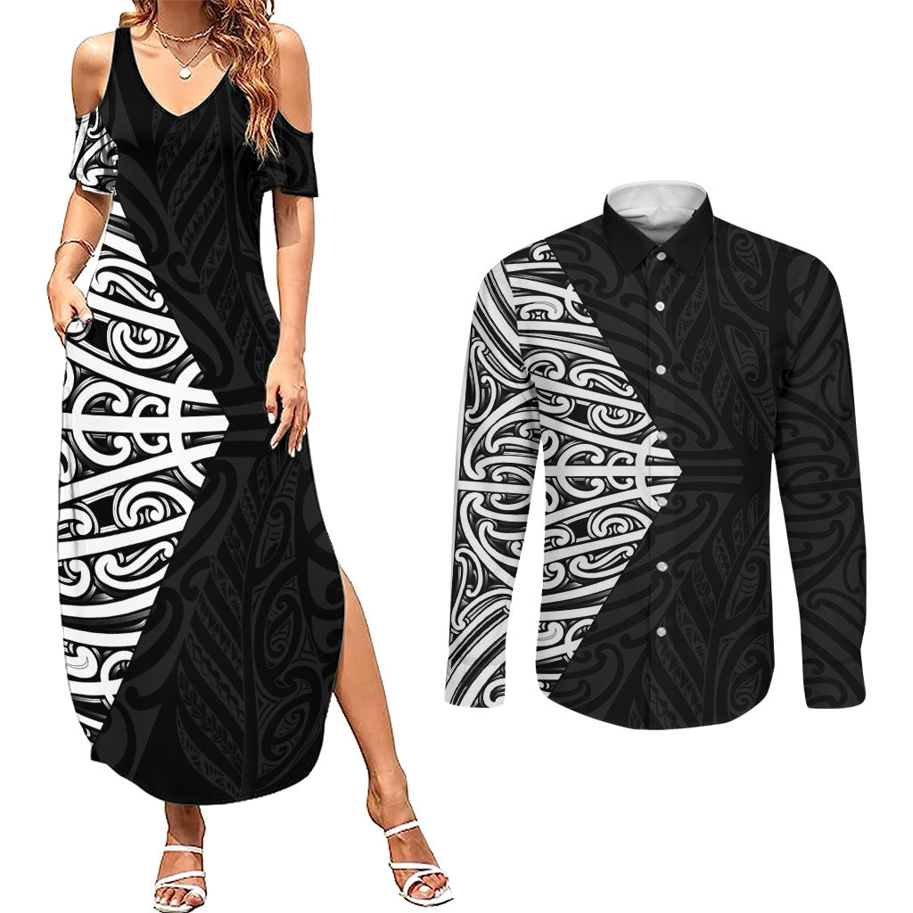 Black New Zealand Puhoro Maori Tattoo Couples Matching Summer Maxi Dress and Long Sleeve Button Shirt LT14 Black - Polynesian Pride