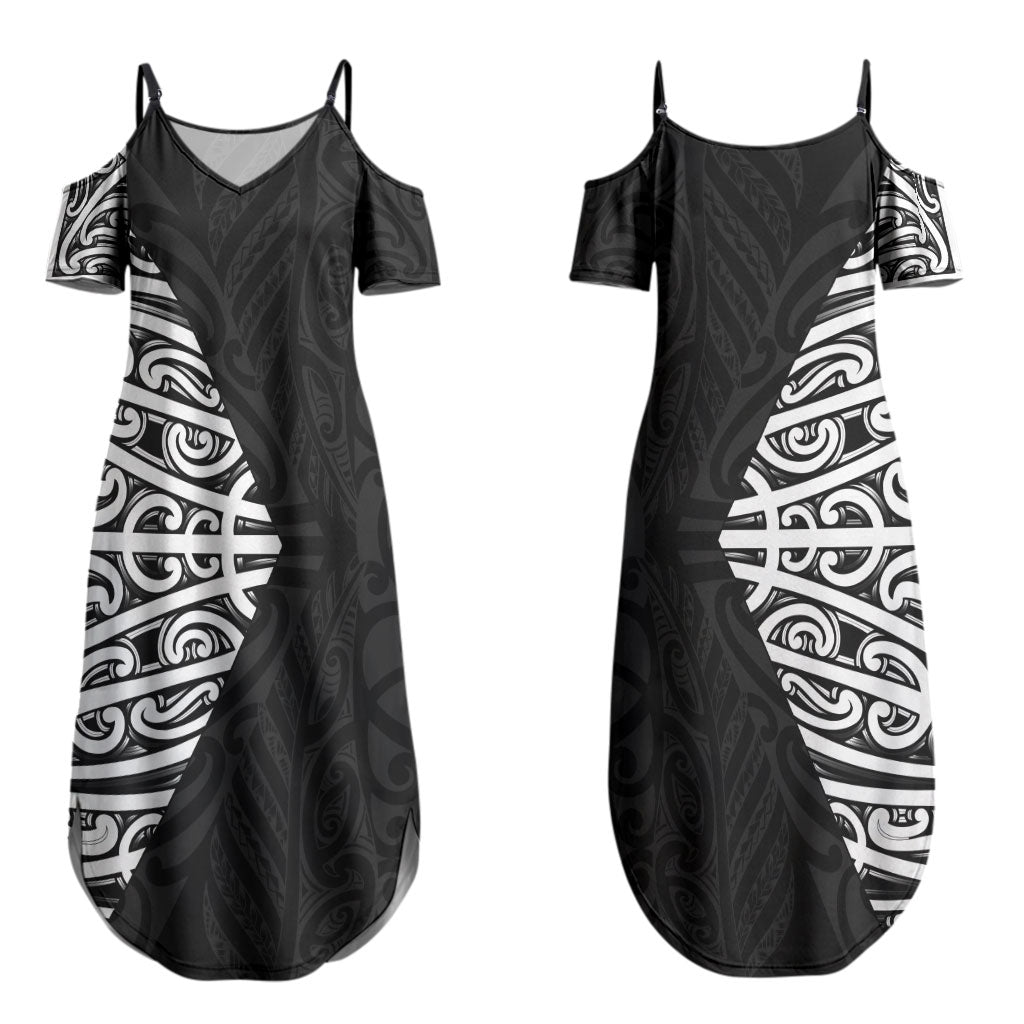 Black New Zealand Puhoro Maori Tattoo Couples Matching Summer Maxi Dress and Long Sleeve Button Shirt LT14 - Polynesian Pride