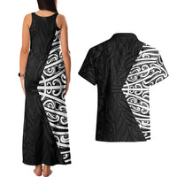 Black New Zealand Puhoro Maori Tattoo Couples Matching Tank Maxi Dress and Hawaiian Shirt LT14 - Polynesian Pride