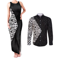 Black New Zealand Puhoro Maori Tattoo Couples Matching Tank Maxi Dress and Long Sleeve Button Shirt LT14 Black - Polynesian Pride