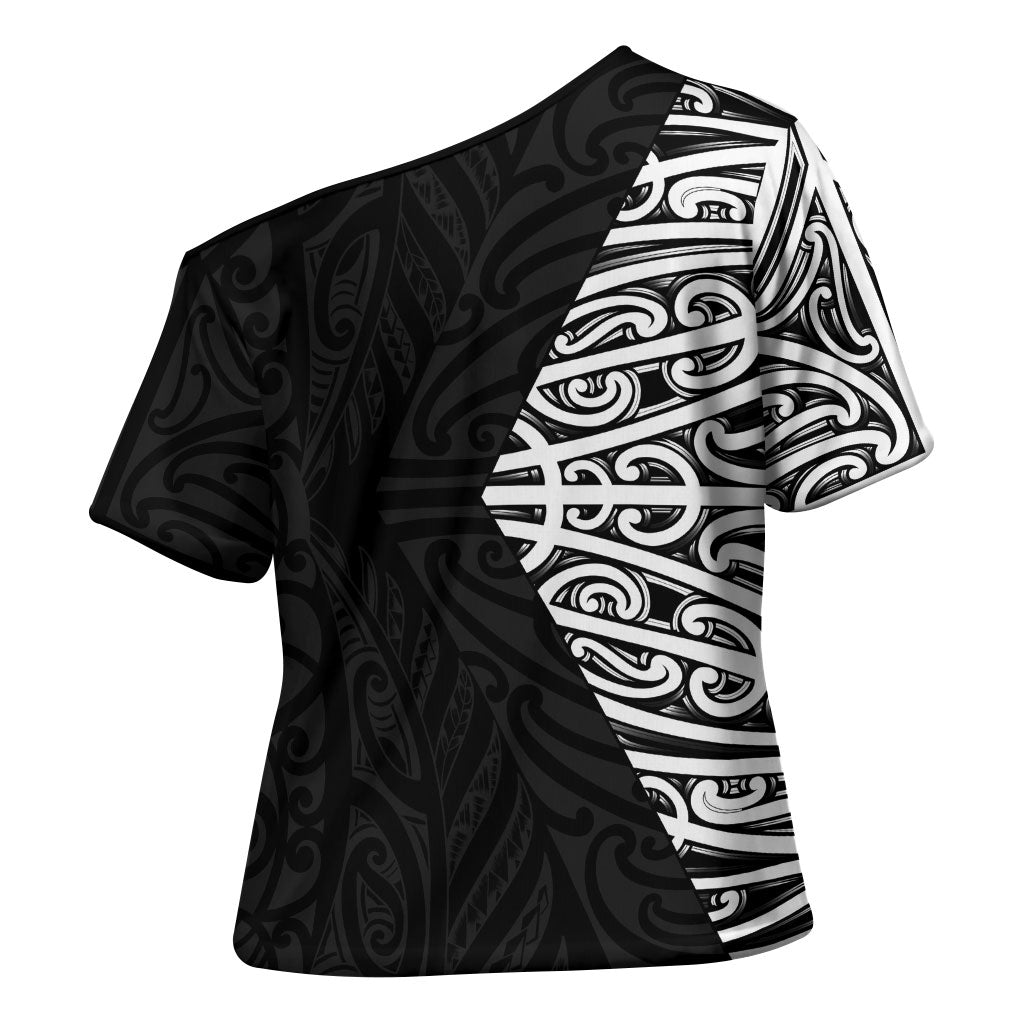 Black New Zealand Puhoro Maori Tattoo Cross Shoulder Shirt LT14 - Polynesian Pride