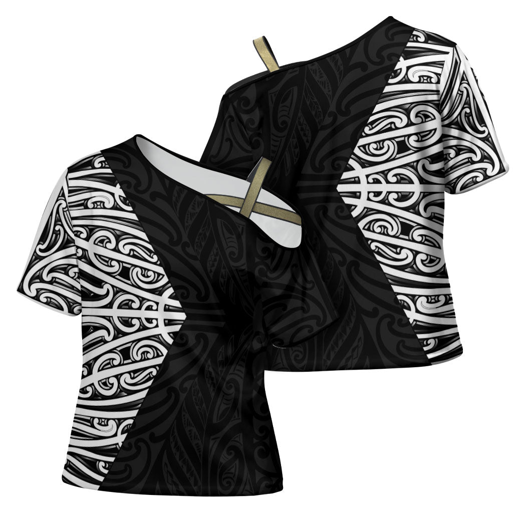 Black New Zealand Puhoro Maori Tattoo Cross Shoulder Shirt LT14 - Polynesian Pride