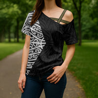 Black New Zealand Puhoro Maori Tattoo Cross Shoulder Shirt LT14 - Polynesian Pride