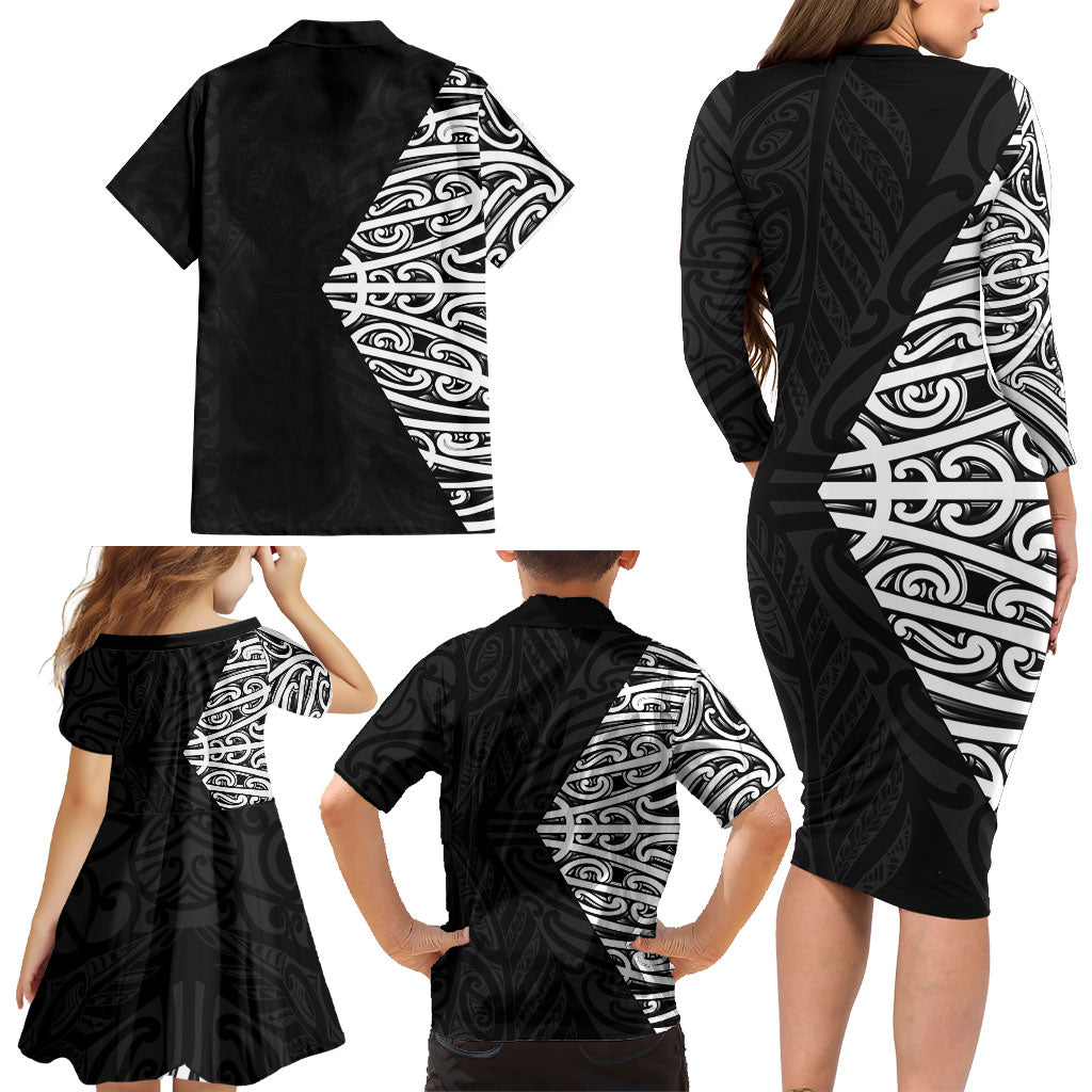 Black New Zealand Puhoro Maori Tattoo Family Matching Long Sleeve Bodycon Dress and Hawaiian Shirt LT14 - Polynesian Pride