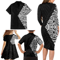 Black New Zealand Puhoro Maori Tattoo Family Matching Long Sleeve Bodycon Dress and Hawaiian Shirt LT14 - Polynesian Pride