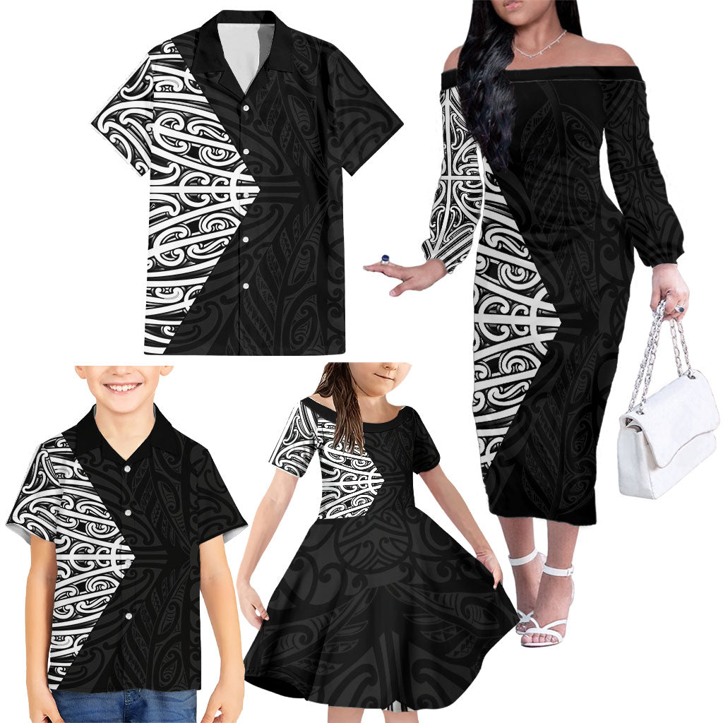Black New Zealand Puhoro Maori Tattoo Family Matching Off The Shoulder Long Sleeve Dress and Hawaiian Shirt LT14 - Polynesian Pride