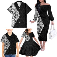 Black New Zealand Puhoro Maori Tattoo Family Matching Off The Shoulder Long Sleeve Dress and Hawaiian Shirt LT14 - Polynesian Pride