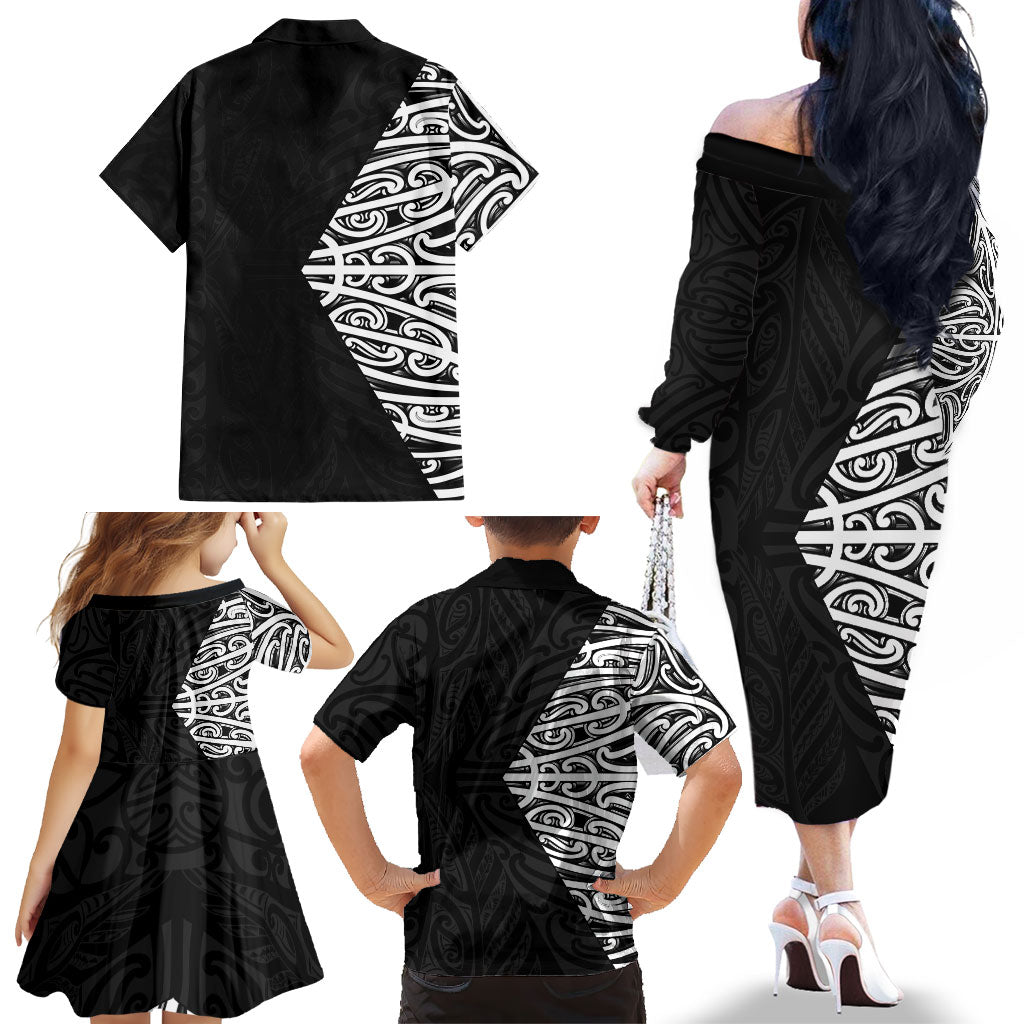 Black New Zealand Puhoro Maori Tattoo Family Matching Off The Shoulder Long Sleeve Dress and Hawaiian Shirt LT14 - Polynesian Pride