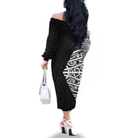 Black New Zealand Puhoro Maori Tattoo Family Matching Off The Shoulder Long Sleeve Dress and Hawaiian Shirt LT14 - Polynesian Pride