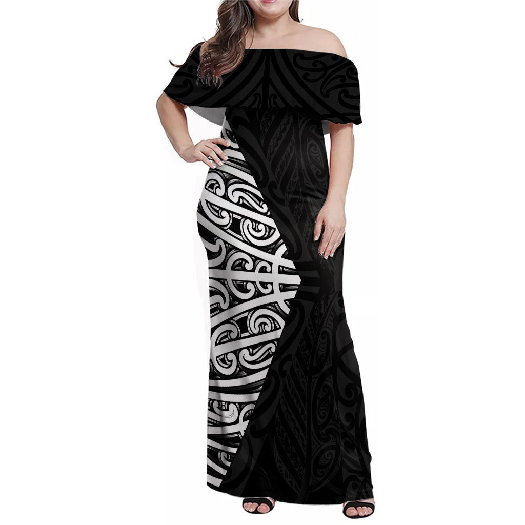 Black New Zealand Puhoro Maori Tattoo Family Matching Off Shoulder Maxi Dress and Hawaiian Shirt LT14 Mom's Dress Black - Polynesian Pride