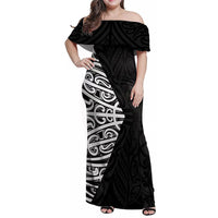 Black New Zealand Puhoro Maori Tattoo Family Matching Off Shoulder Maxi Dress and Hawaiian Shirt LT14 Mom's Dress Black - Polynesian Pride