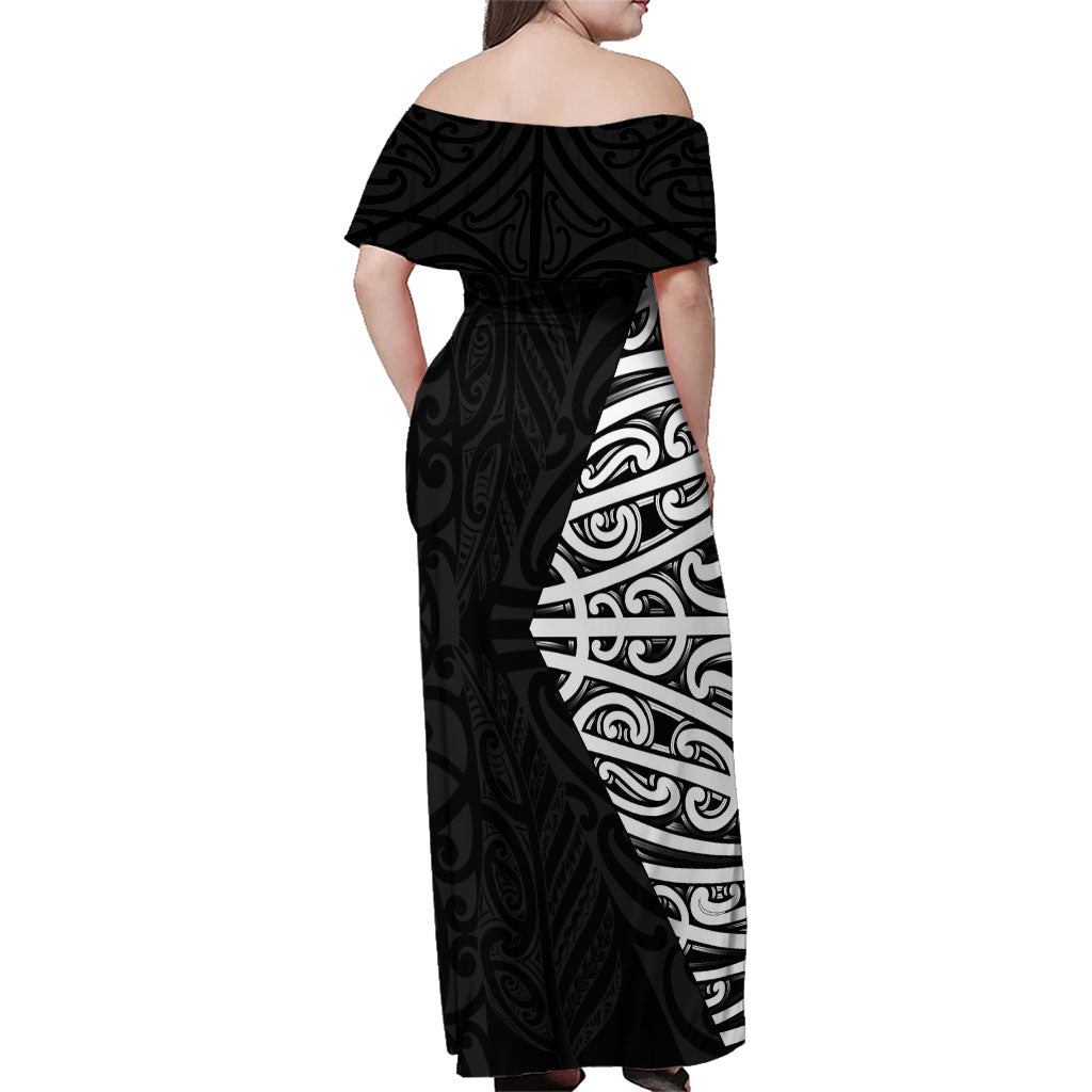 Black New Zealand Puhoro Maori Tattoo Family Matching Off Shoulder Maxi Dress and Hawaiian Shirt LT14 - Polynesian Pride