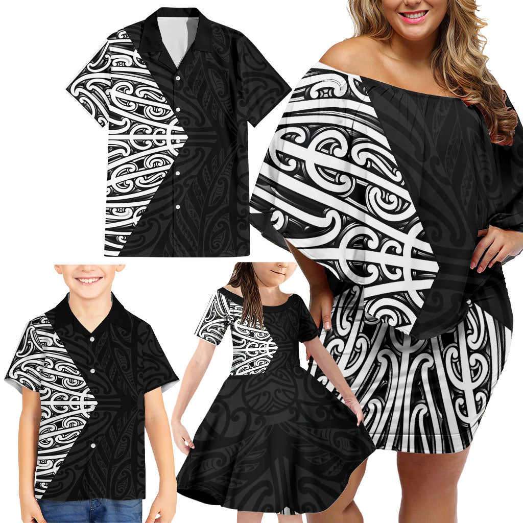 Black New Zealand Puhoro Maori Tattoo Family Matching Off Shoulder Short Dress and Hawaiian Shirt LT14 - Polynesian Pride